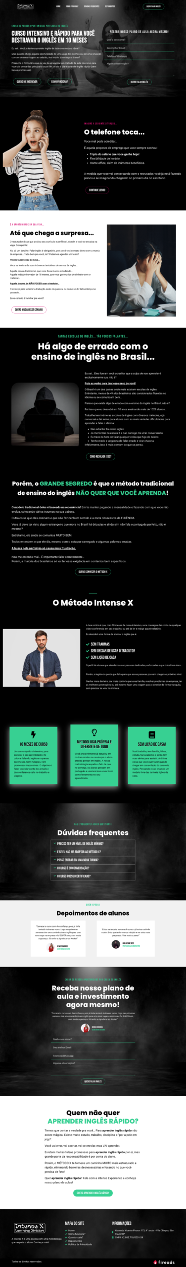 Landing page do curso de inglês Intense Experience, com copywriting desenvolvido pela FIREADS