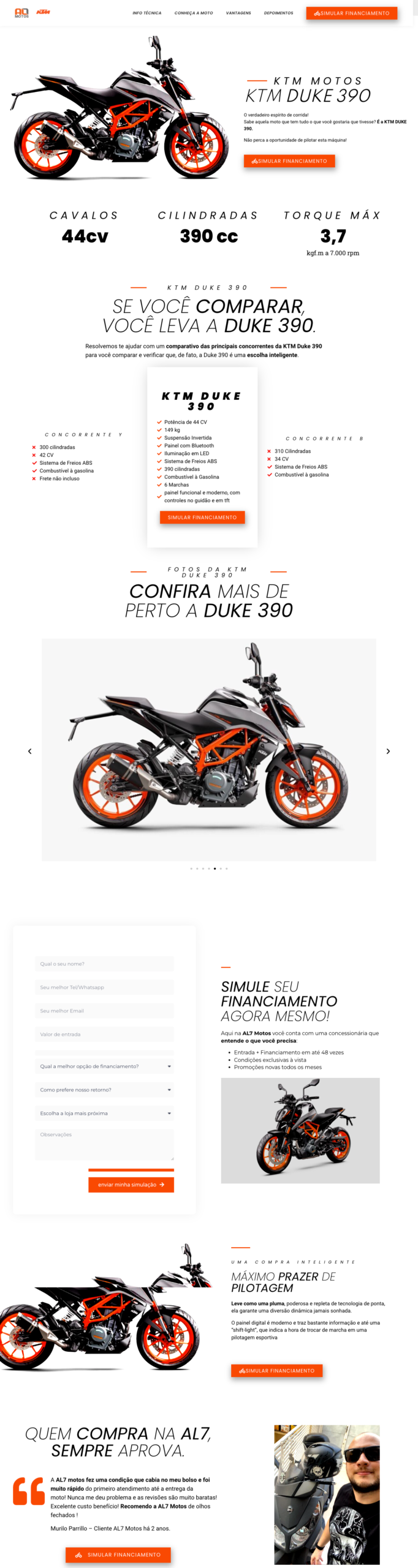 Página completa da KTM Duke 390 na AQ Motos, com ficha técnica, comparativo com concorrentes e simulação de financiamento