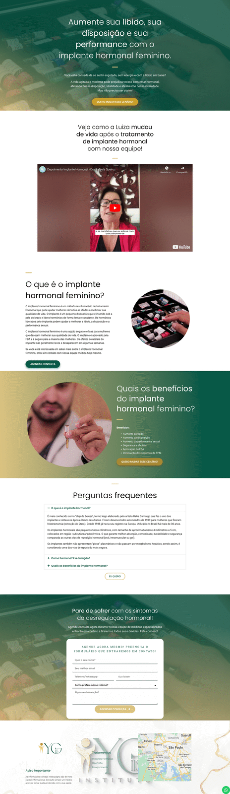 Página completa do Instituto YG sobre implante hormonal feminino, com chamada principal, depoimento em vídeo e seções de dúvidas