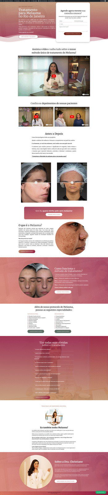 Página completa do tratamento de melasma da Dra. Christiane Gonzaga, com formulário de agendamento no topo, vídeo explicativo e seções sobre o método