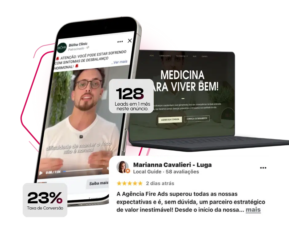 Anúncio da Bióha Clinic, a página da clínica e uma avaliação de cinco estrelas no Google