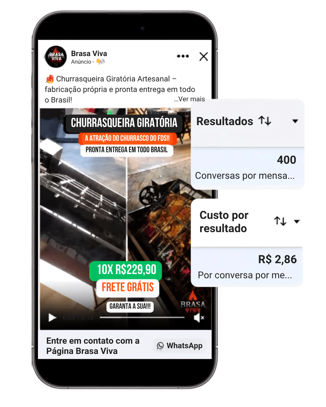 Anúncio em vídeo da Brasa Viva no Meta, com o painel de conversas por mensagem da campanha