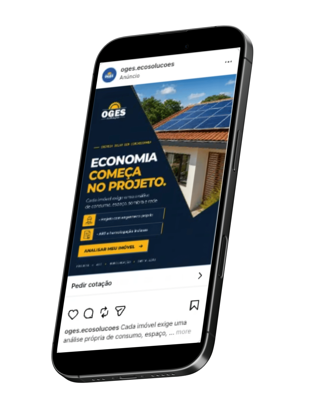 Anúncio da OGES no Instagram sobre projeto de energia solar, em um celular