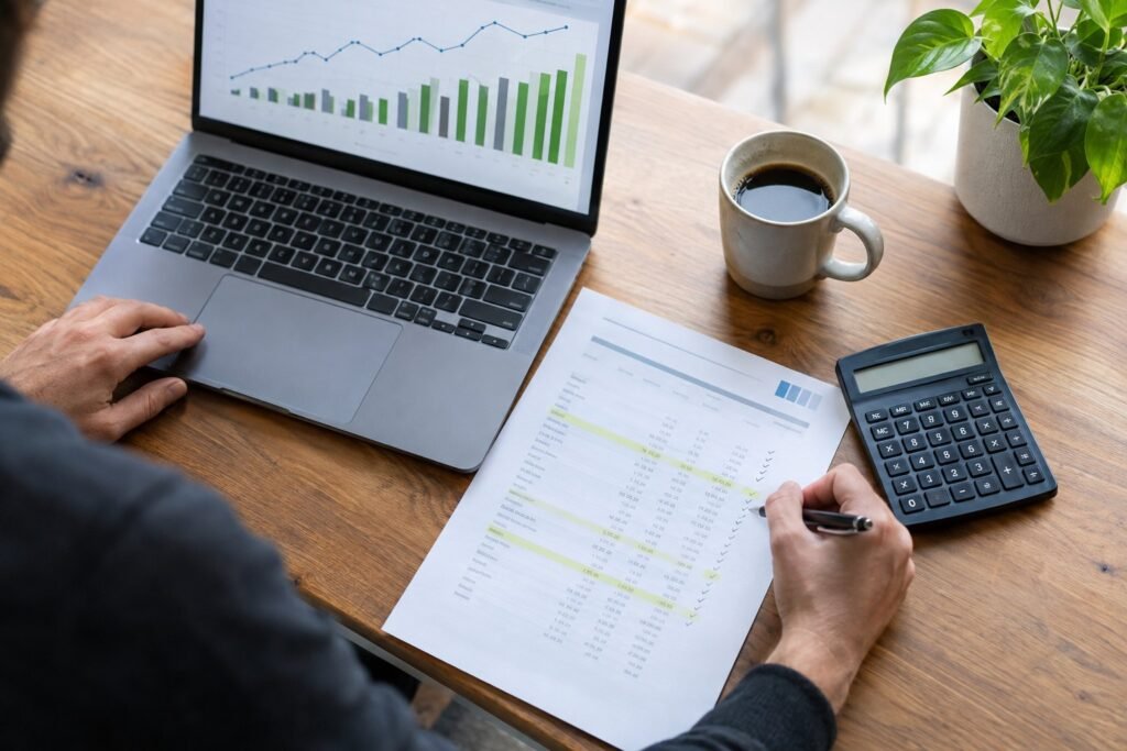 Empreendedor analisando o fluxo de caixa da agência no notebook, com extrato bancário e calculadora