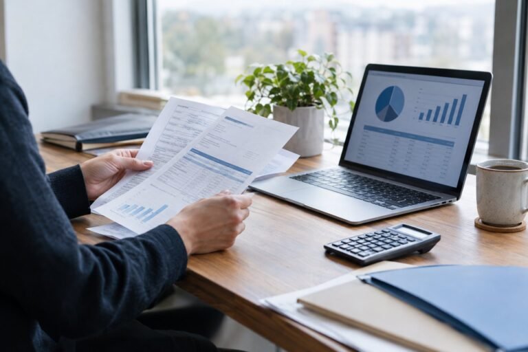 Pessoa conferindo notas fiscais e o impacto de IBS e CBS ao lado do notebook com gráficos