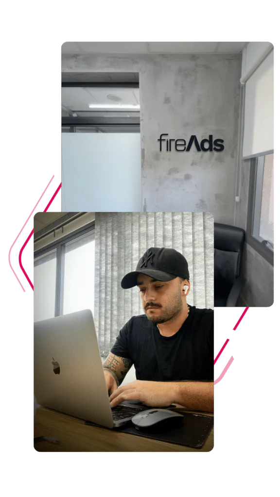 Montagem de Matheus Leme trabalhando no escritório e do primeiro escritório da FIREADS