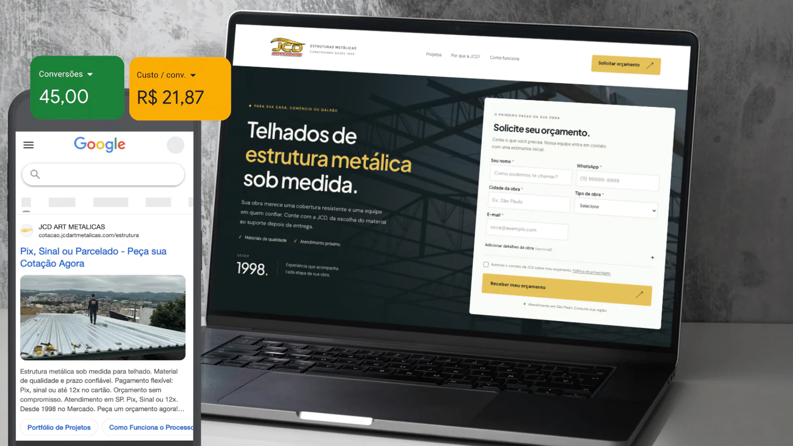 Landing page da JCD Art Metálica e anúncio no Google